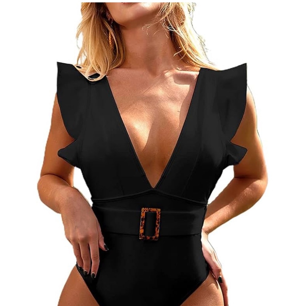 Black Ruffled V-Neck Swimsuit